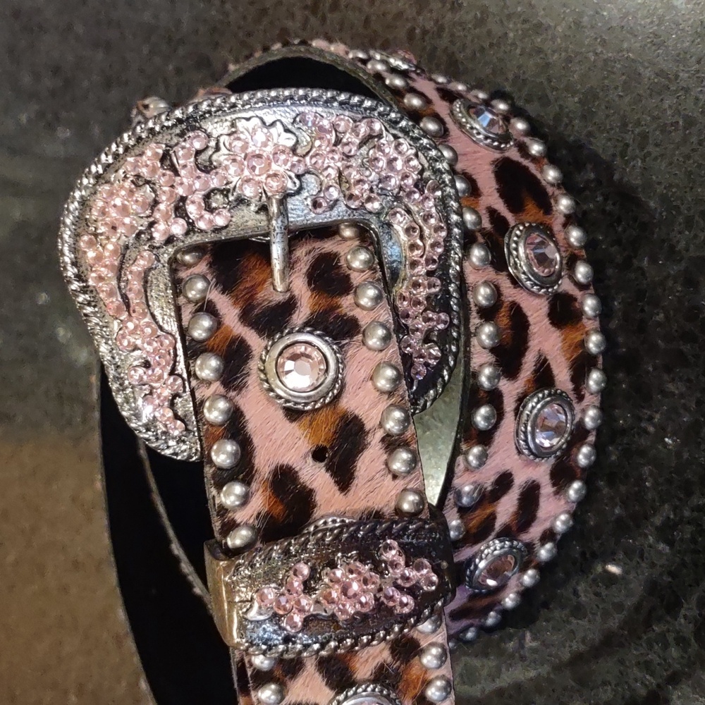 LEATHERROCK | Pink 🩷 Leopard Calf Hair Rhinestone Embellished Cowgirl Belt